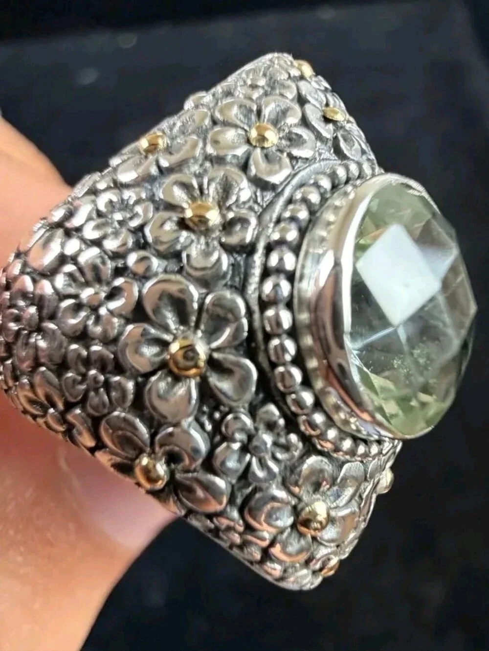 Bali-Style Silver And 18k Gold Floral Ring with Beautiful Center Stone